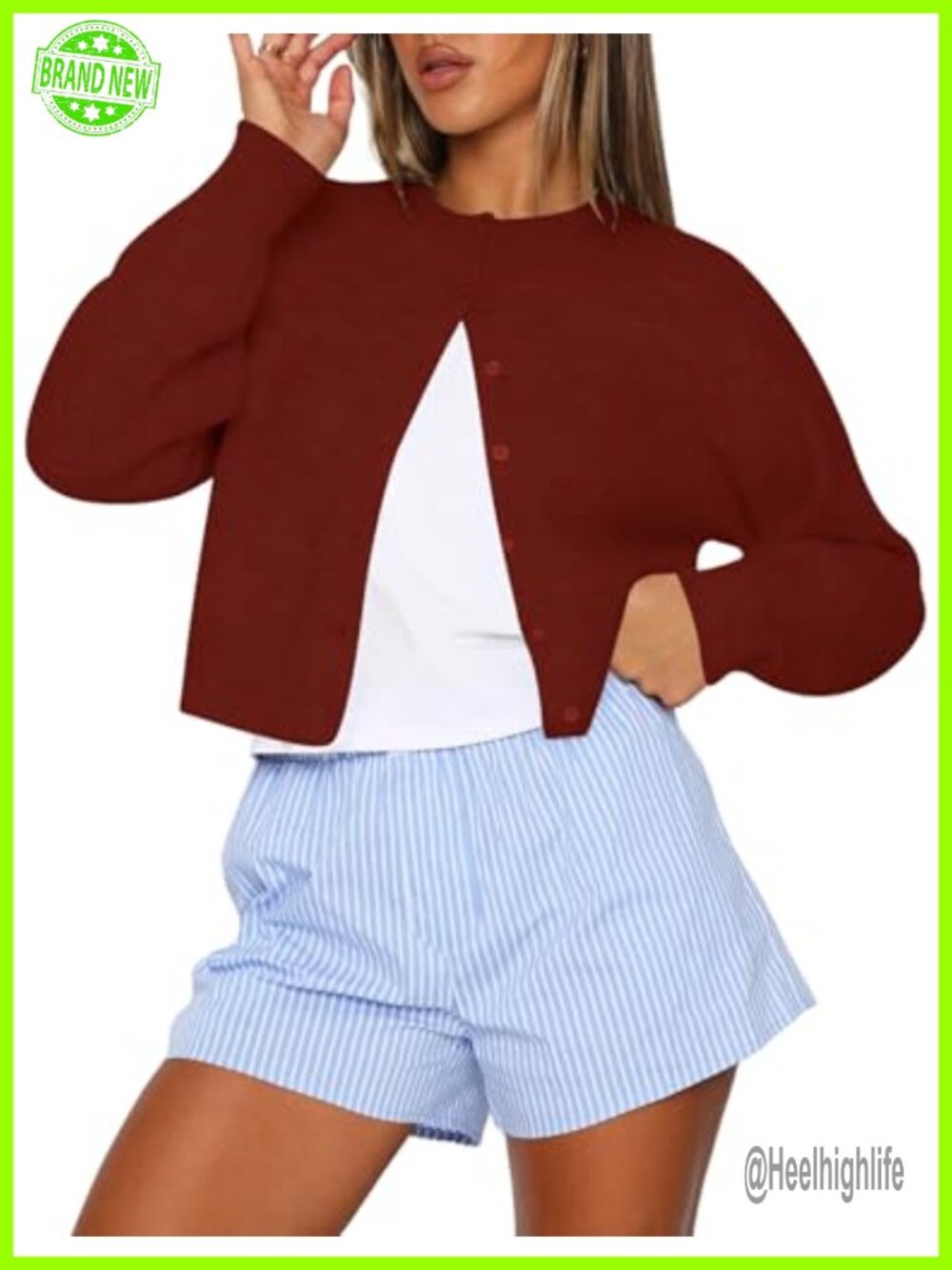 Womens Cropped Cardigan Sweater Button Up Crew Neck Long Sleeve Knit
